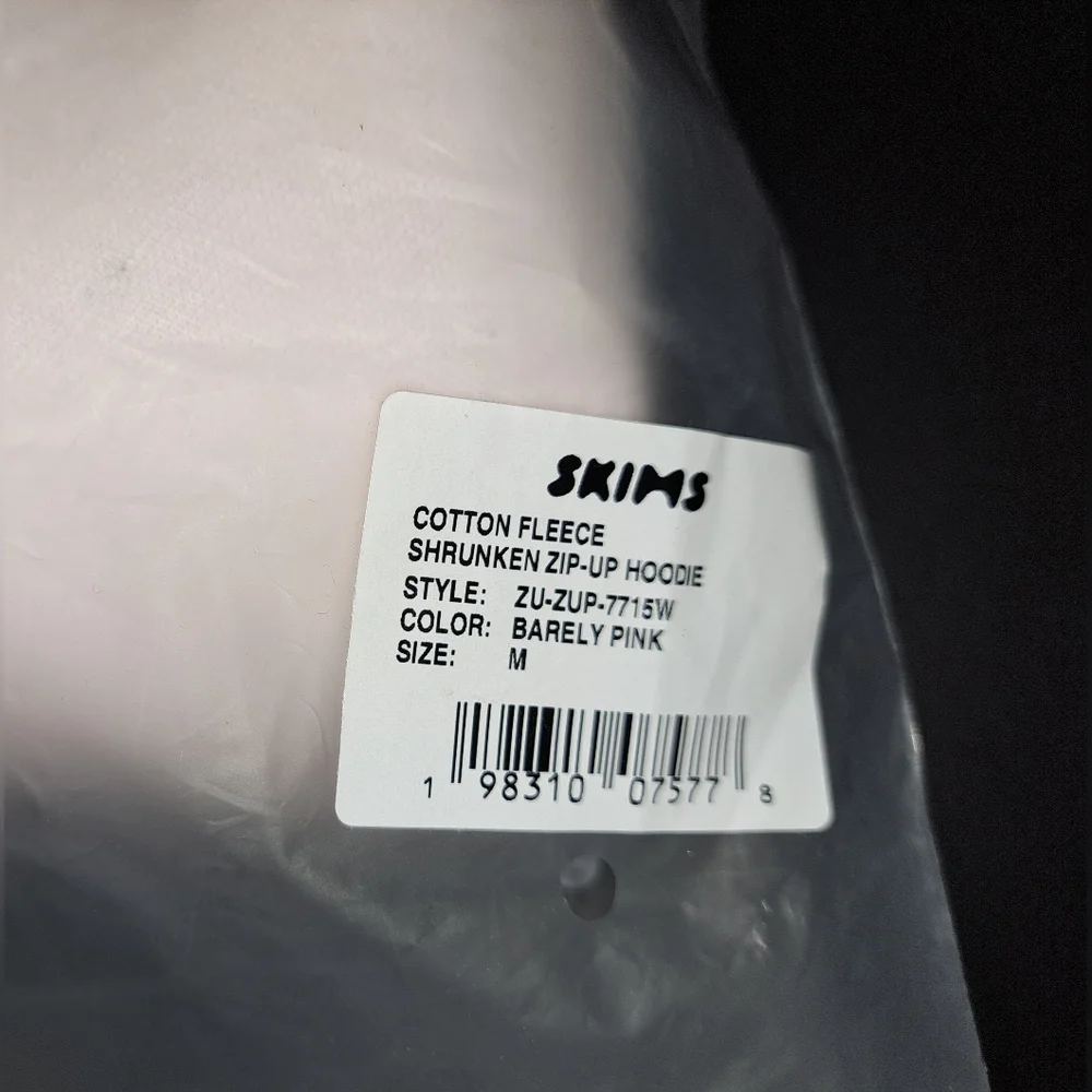 💕NWT SKIMS 🩷Cotton Fleece Shrunken Zip Up Cropped Hoodie Light BARELY PINK M - Picture 7 of 11